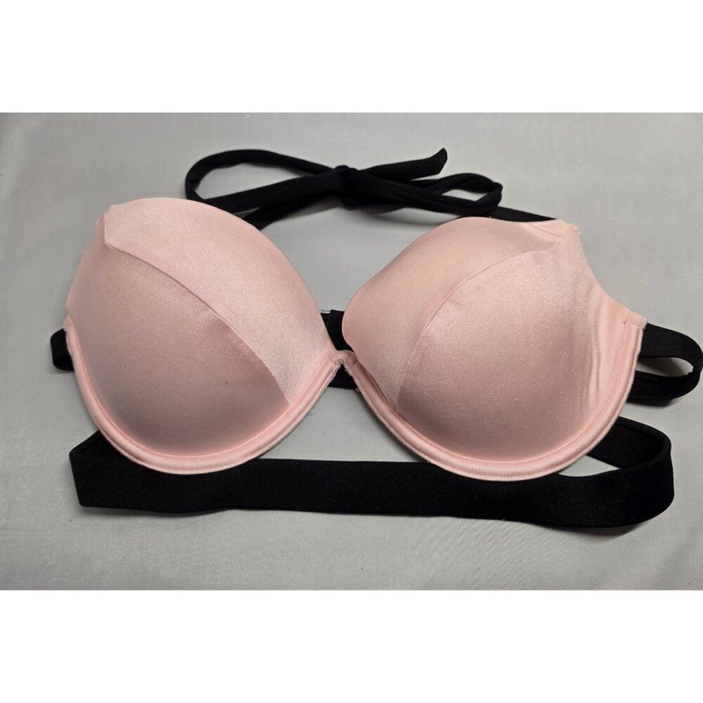 Victorias Secret Pink & Black Halter Bra 36C Back Tie Straps beach nautical
